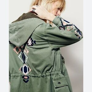 Free People Embroidered Army Green Hooded Twill Parka
